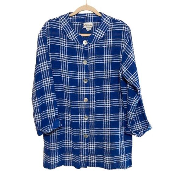 VTG Brownstone Woman Tunic Top Women Medium Blue Plaid Gauzy Cotton Coastal - Picture 1 of 7